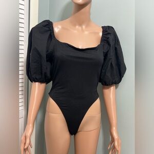 Sabo Skirt Black Puff Sleeve Open Back Natalia Thong Bodysuit Top Size L